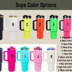 May include: Ten different color options for a stainless steel travel mug with a handle. The mugs are labeled with letters A through K. Each mug has a different color and a gold or rainbow accent. The text below the mugs describes the color options.