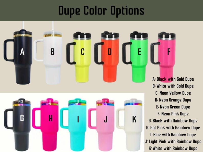 May include: Ten different color options for a stainless steel travel mug with a handle. The mugs are labeled with letters A through K. Each mug has a different color and a gold or rainbow accent. The text below the mugs describes the color options.