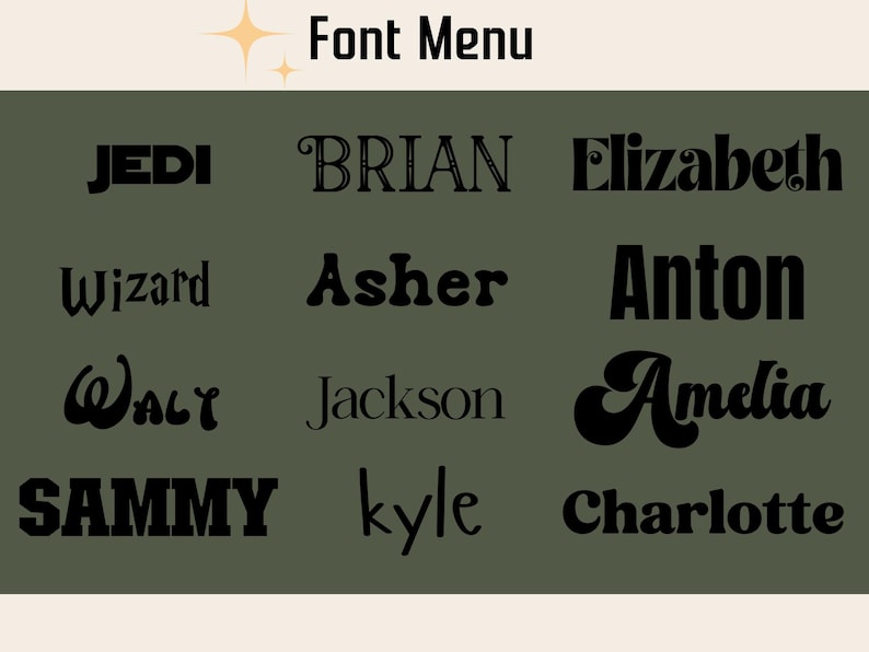 K&ouml;nnte beinhalten: Grafik 'Schriftarten-Men&uuml;' mit verschiedenen Schriftarten. Der Text enth&auml;lt Namen wie 'JEDI', 'BRIAN', 'Elizabeth', 'Wizard', 'Asher', 'Anton', 'Walt', 'Jackson', 'Amelia', 'SAMMY', 'kyle' und 'Charlotte'. Der Hintergrund ist olivgr&uuml;n.