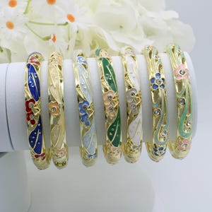 Fashion Gold Plated Flower Rhinestone Enamel Bracelet Bangle - 7 inches
