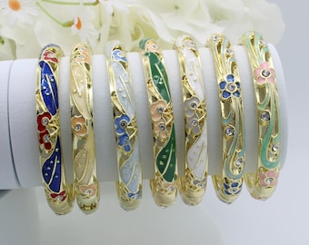 Fashion Gold Plated Flower Rhinestone Enamel Bracelet Bangle - 7 inches