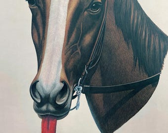 Silly goofy horse with sunglasses tongue out Upcycled thrift store horse Painting Art Print