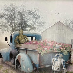 R2-D2 C-3PO fleurs de ferme camionnette Star Wars magasin d'occasions recyclées peinture de paysage affiche de décoration d'impression d'art