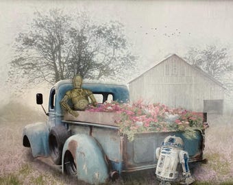 abandoned R2-D2 C-3PO farmhouse flowers pickup truck Star Wars Upcycled thrift store landscape painting fine art print decor poster