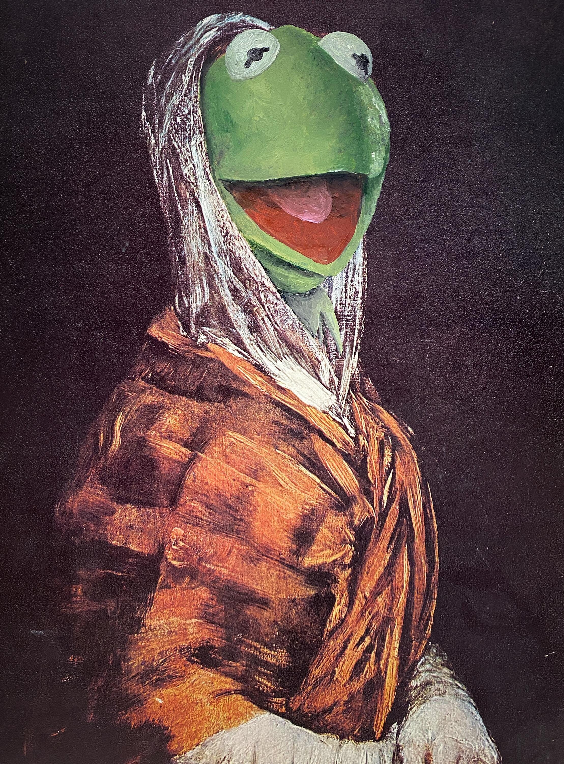 Kermit portrait muppets altered thrift store landscape painting fine art print decor poster