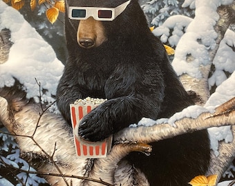 Black bear movie theater 3D glasses popcorn  parody painting Altered Thrift Store Art Print