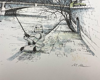 Stormtrooper Fishing Print: subtle star wars Altered Vintage Paris Landscape Art