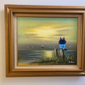 Bluey headphones music ocean sunset altered upcycled thrift store art original oil painting