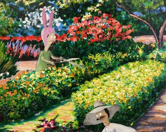 Bob's Burgers gardening Louise belcher garden scene Art Print: Upcycled Thrift Store Painting