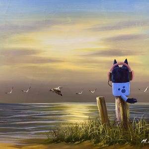 Bluey headphones beach sunset upcycled thrift store landscape painting fine art print decor poster