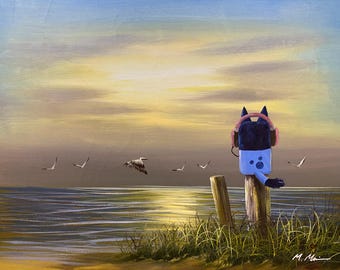 Bluey headphones beach sunset upcycled thrift store landscape painting fine art print decor poster