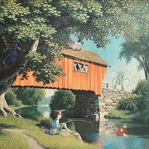 May include: A painting of a red covered bridge over a stream with a boy fishing from the bank. There are trees on either side of the bridge and a small white dog sitting on a rock near the base of a tree. The painting is signed "Paul Dottleffren".