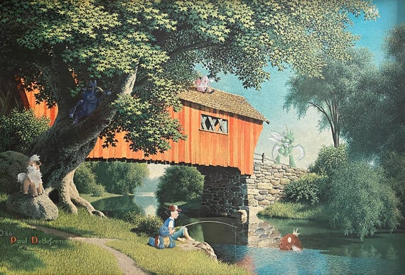 Pokemon Art Print: Upcycled Vintage Landscape with Ash, Squirtle, Magikarp