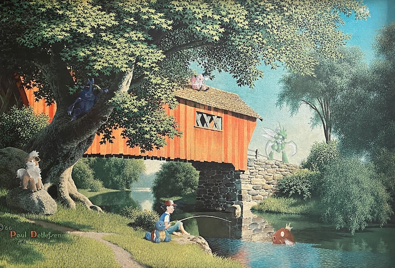 May include: A painting of a red covered bridge over a stream with a boy fishing from the bank. There are trees on either side of the bridge and a small white dog sitting on a rock near the base of a tree. The painting is signed "Paul Dottleffren".