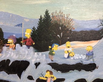 The Simpsons snowball fight winter holiday Print: Upcycled Landscape Painting
