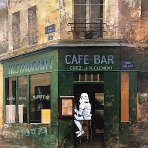szturmowiec pijący piwo w barze Obraz z odzysku ze sklepu charytatywnego Plakat artystyczny Star Wars