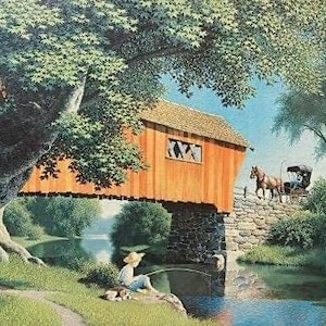 May include: A painting of a red covered bridge over a stream with a young person fishing from the bank. A horse-drawn carriage is on the road leading to the bridge. The painting is signed "Paul D.  Delfreese".