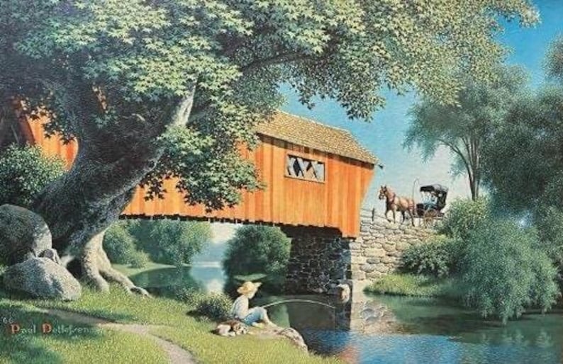 May include: A painting of a red covered bridge over a stream with a young person fishing from the bank. A horse-drawn carriage is on the road leading to the bridge. The painting is signed "Paul D.  Delfreese".