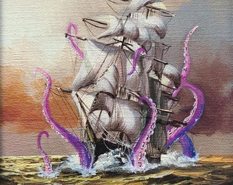 Giant pink kraken octopus pirate ship ocean  Upcycled thrift store landscape painting fine art print poster