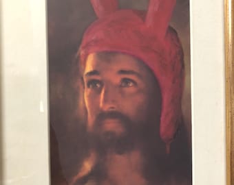 Altered Jesus Oil Painting bobs burgers Louise Bunny Ears 9x13 Framed Print