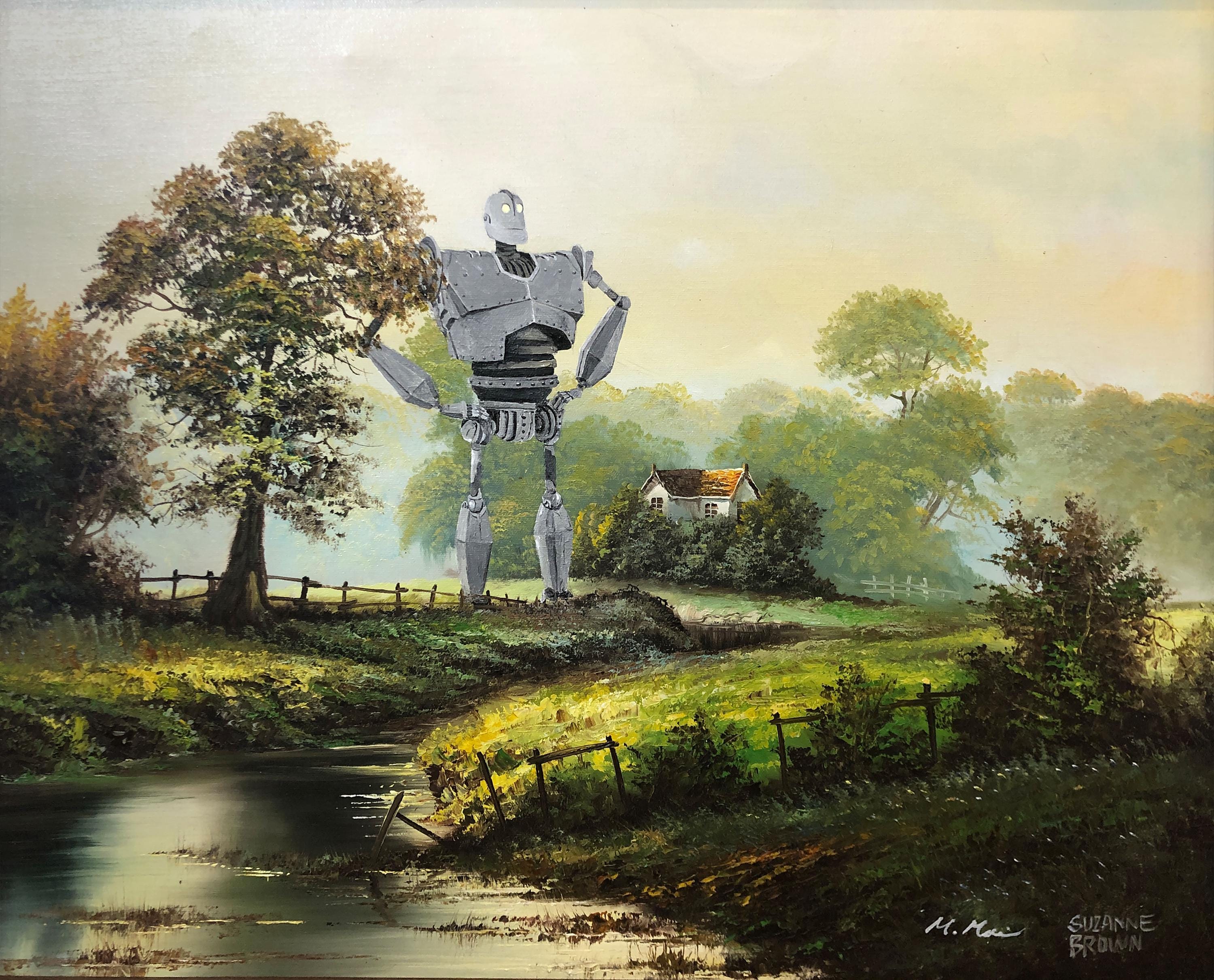 Parody Giant Robot Upcycled Thrift Store Landscape Painting Fine