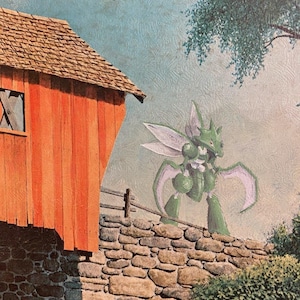 May include: A green, insect-like creature with large wings stands on a stone wall. The creature is in front of a red wooden building with a brown roof. The building is on a bridge over a stream.