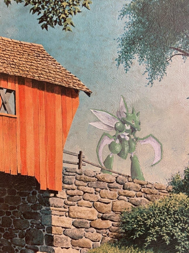 May include: A green, insect-like creature with large wings stands on a stone wall. The creature is in front of a red wooden building with a brown roof. The building is on a bridge over a stream.