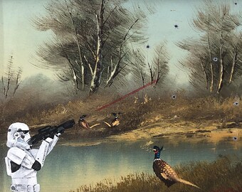 stormtrooper hunting pheasants Upcycled thrift store painting Star Wars fine art print poster