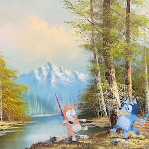 Bluey bingo lightsaber Battle Star Wars geüpcycled tweedehandswinkel landschapsschilderkunst fine art print decorposter