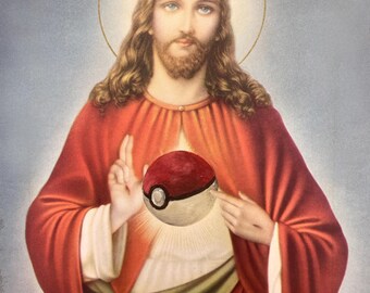 Jesus Pokeball Parody Art Print: Upcycled Pokemon Thrift Store Painting Poster