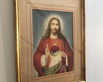 Jesus is a Pokemon trainer pokeball altered portrait upcycled thrift store original oil painting