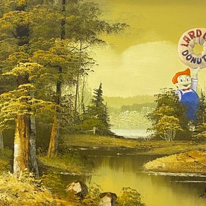 Simpsons lardlad donuts altered thrift store landscape painting fine art print poster