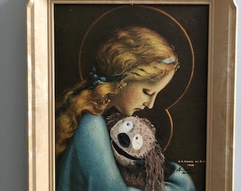 Rowlf the dog muppets religious altered portrait upcycled thrift store original oil painting