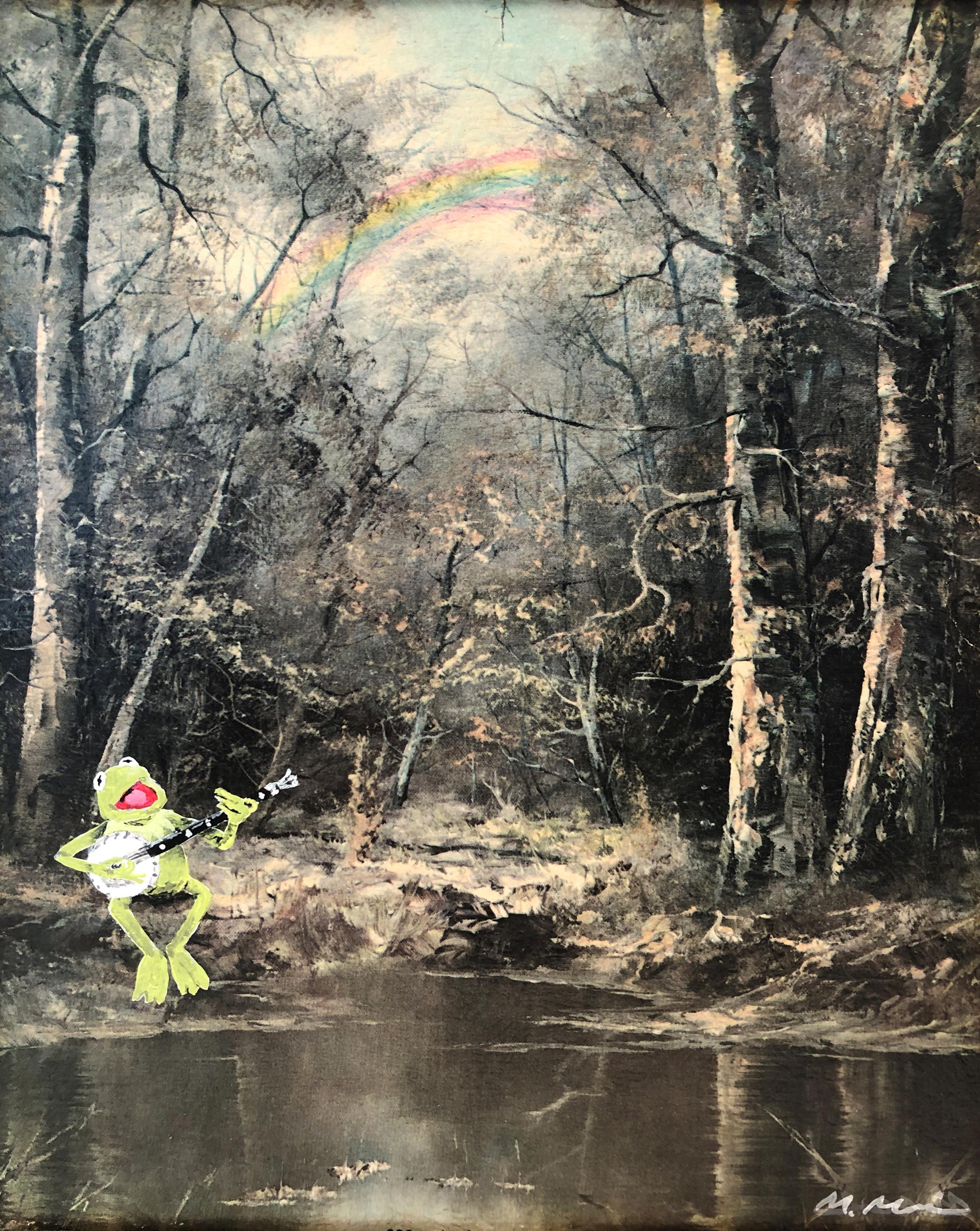 Kermit rainbow connection muppets altered thrift store landscape painting fine art print decor poster