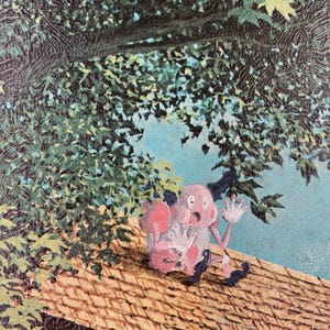 May include: A pink cartoon creature with large eyes and five fingers on each hand sits on a thatched roof. The creature is looking up and has a surprised expression. The roof is brown and has a green leafy tree in the background.