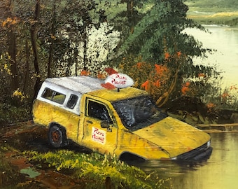 abandoned pizza planet truck Landscape Art Print: Toy Story Upcycled oil Painting