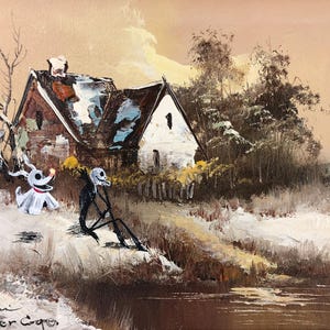 May include: A painting of a snowy landscape with a small house, a skeletal figure, and a dog-like creature holding a glowing orb. The painting is signed "M. Mori" and "Forever Creepin".