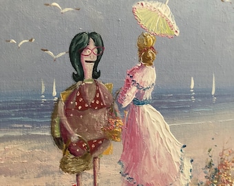 Bob's Burgers bikini Linda seagull beach scene Art Print: Upcycled Thrift Store Painting