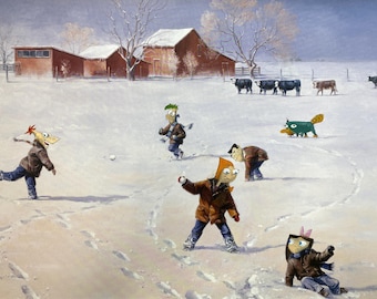 Phineas and Ferb Snowball Fight perry platypus Art Print, Altered Thrift Store Painting Parody