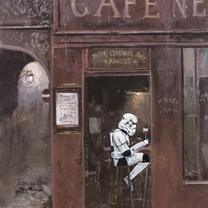 バーでワインを飲むストームトルーパー リサイクルショップでアップサイクルされた絵画 スターウォーズのファインアートプリントポスター