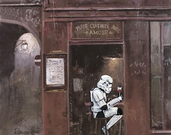 stormtrooper sipping wine at bar Upcycled thrift store painting Star Wars fine art print poster