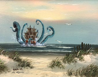 Giant kraken octopus pirate ship ocean  Upcycled thrift store landscape painting fine art print poster