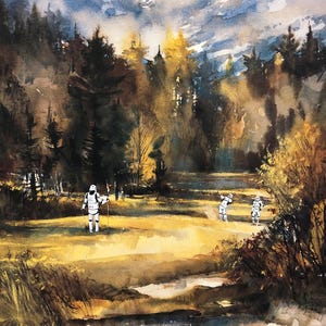 May include: A watercolor painting of a forest scene with three figures in white, resembling stormtroopers, playing golf. The background features a mountain range with snow-capped peaks and a stream in the foreground.