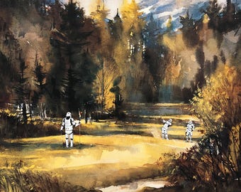 Golfing stormtroopers Upcycled thrift store painting Star Wars fine art print decor poster