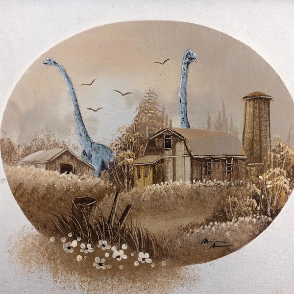 Brachiasoraus dinosaur Upcycled thrift store landscape vintage painting fine art print poster