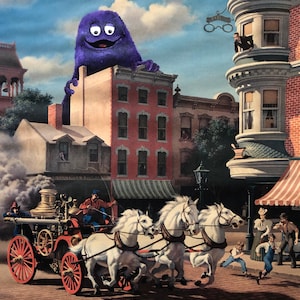 May include: A purple fuzzy monster stands on top of a building in a city street scene. A red fire engine with white horses pulls a carriage down the street. The scene is painted in a realistic style.