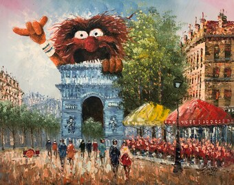 Giant animal muppets altered thrift store paris painting fine art print decor poster