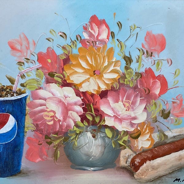 Upcycled Still Life oil painting Art Print Hotdog Pepsi & Flowers 1.50 meal deal