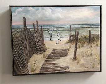 Stormtroopers frolicking on beach Star Wars upcycled thrift store art original Oil Painting