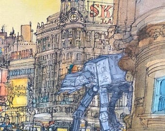 At-at walker Star Wars French city sketch Parody Upcycled Painting print